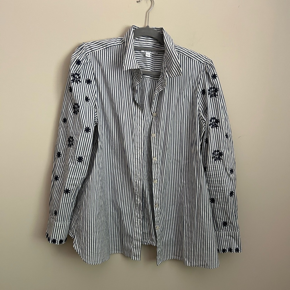 Chico's Long Sleeve Blue and White Striped Blouse with Embroidery Size 2.5/US 14